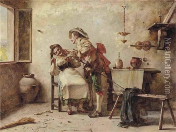 A Distraction From Chores Oil Painting - Giuseppe Bortignoni the Elder