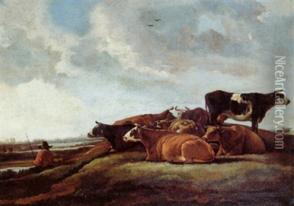 A Cowherd And Cattle Resting In A Meadow By A River Oil Painting - Aelbert Cuyp