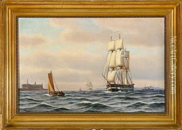 Fregatten Jylland Staaer Sundet Ud Oil Painting - Johan Jens Neumann