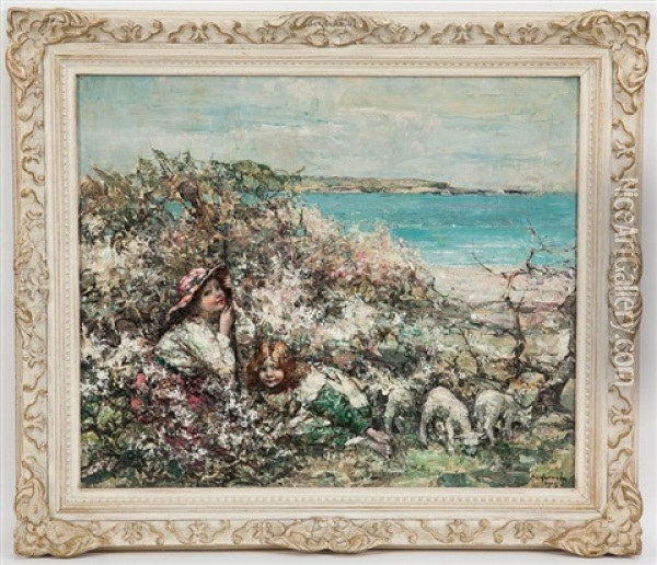 Two Girls And Lambs At Brighouse Bay Oil Painting - Edward Atkinson Hornel