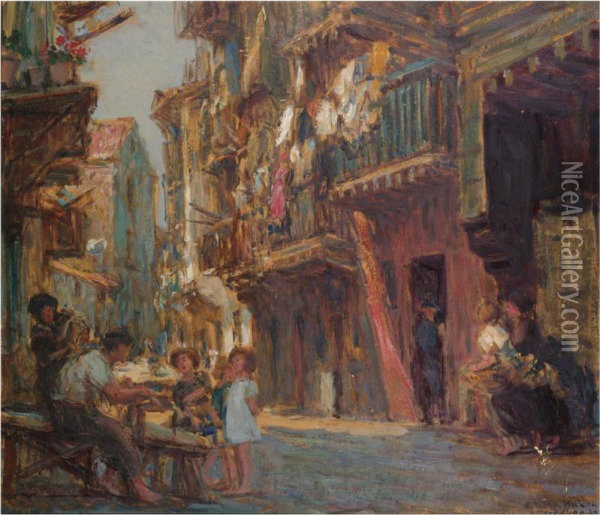 Busy Street Scene, Mahon Oil Painting - Gonzalo Bilbao Martinez