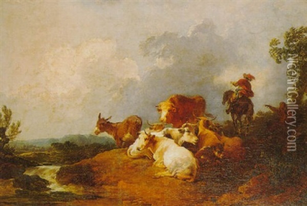 Traveller On A Path, Cattle And A Donkey Resting By A Stream In A Wooded Landscape Oil Painting - Philip James de Loutherbourg