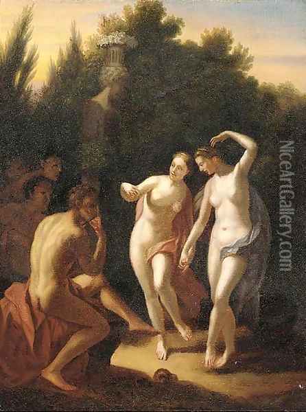 Two nymphs dancing in a garden before an audience Oil Painting - Adriaen Van Der Werff