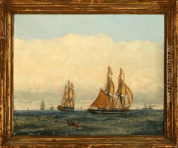 Marine With Several Ships On Open Sea Oil Painting - Carl Julius Emil Olsen