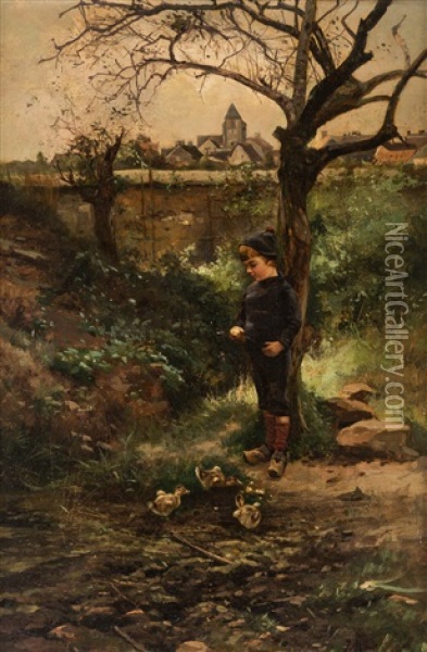 Boy Feeding The Ducklings Oil Painting - Iosif Evstafevich Krachkovsky