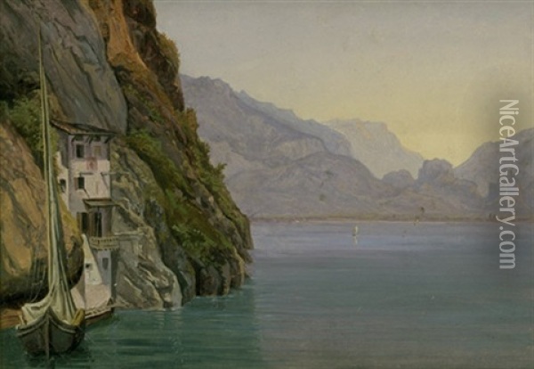 Der Garda-see Mit Blick In Richtung Riva Oil Painting - Julius Edward W. Helfft