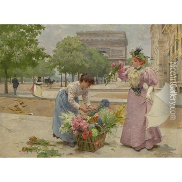 A Flower Seller On The Champs-elysees Oil Painting - Louis Marie de Schryver