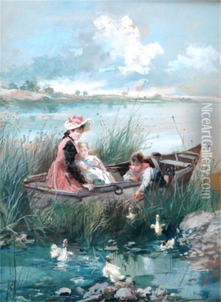 Woman And Children In A Boat With Playful Duck Oil Painting - Vicente Garcia de Paredes