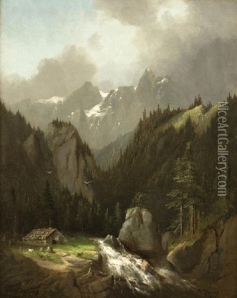 Cabin In A Mountain Landscape Oil Painting - Hermann Herzog