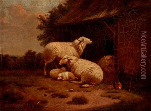 Sheep And Lambs Outside A Barn Oil Painting - Jacob Van Dieghem
