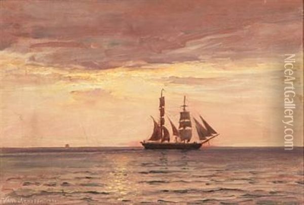 Seascape With A Bring At Sunset Oil Painting - Vilhelm Karl Ferdinand Arnesen