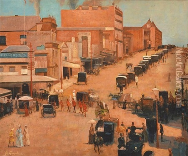 Allegro Con Brio, Bourke Street West 1885-86 (after Tom Roberts) Oil Painting - Louis Gensollen