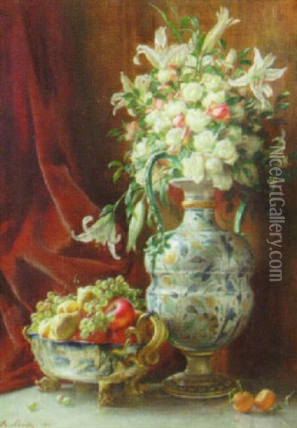 Still Life With Fruit And Roses Oil Painting - Angelo comte de Courten