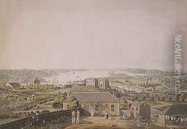 The Entrance of Port Jackson, and part of the town of Sydney in New South Wales, left section of panoramic view, c.1821 Oil Painting - Taylor, Major James