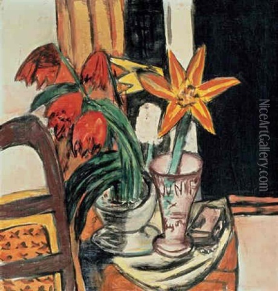 Rote Tulpen Und Feuerlilien Oil Painting - Max Beckmann
