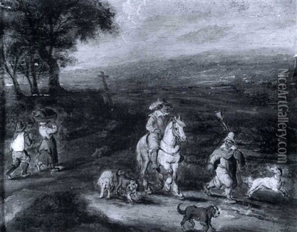 A Cavlier With A Peasant And Four Dogs In A Landscape Oil Painting - Jan Brueghel the Elder