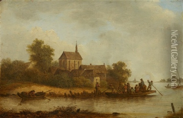 River Landscape With A Village And Ferry Oil Painting - Adam Pynacker