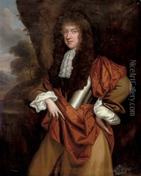 Portrait Of A Gentleman In A Breast-plate And White Ruff, Yellow Mantle And Orange Wrap, In A Landscape Oil Painting - John Riley