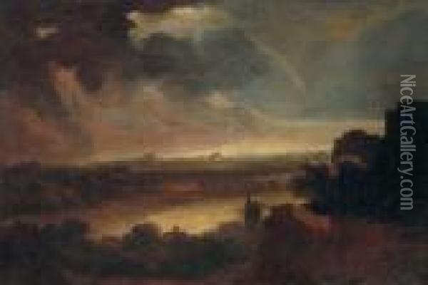 An Extensive Stormy Landscape With A Coastal Inlet Beyond Oil Painting - Rembrandt Van Rijn