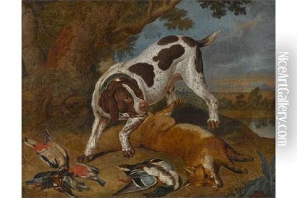 Jagdhund Bei Der Beute Von Vogeln Und Einem Fuchs Oil Painting - Philipp Ferdinand de Hamilton