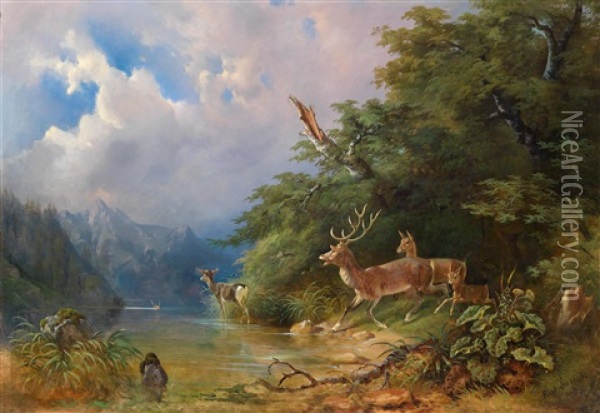 Rotwildrudel Am Seeufer Oil Painting - Eduard Swoboda