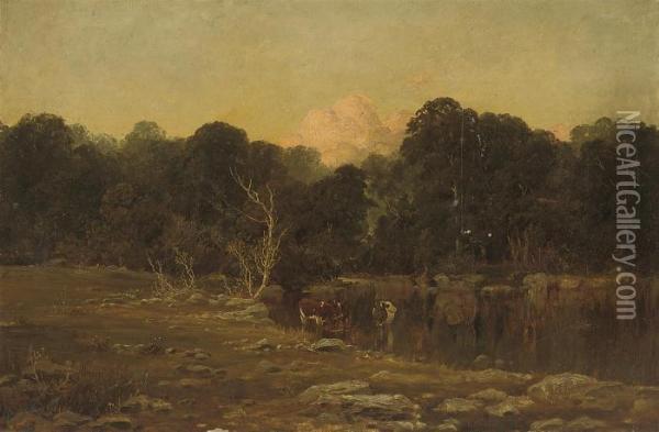 Cattle Watering In A Peaceful River Landscape Oil Painting - Sir Alfred East