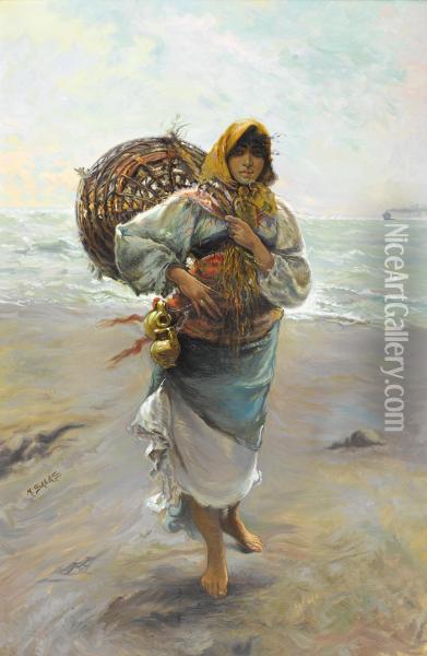 Portrait Of A Gypsy Girl With Sack Oil Painting - Manuel Mensa Salas