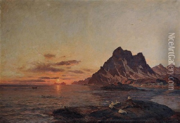 Midnattsol Pa Nordkap Oil Painting - Thorolf Holmboe