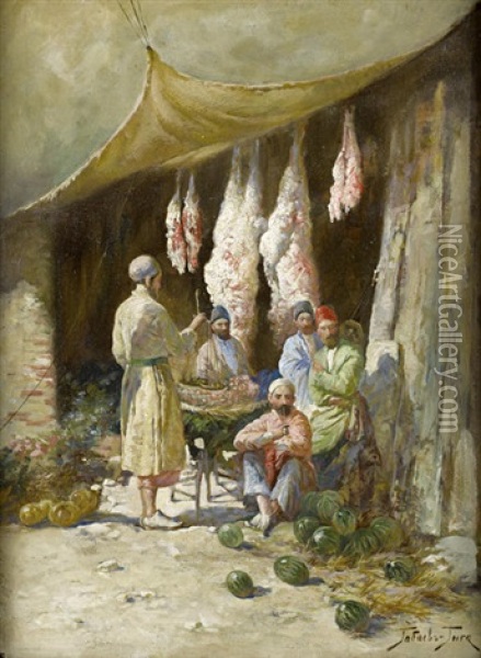 The Butcher's Stall Oil Painting - Georgy Gabashvili
