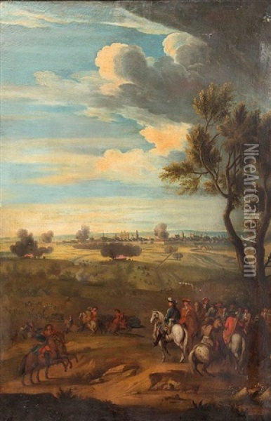 A Military Commander, Generals And Other Officers, Observing A Battle From A Hillside And A Fortified City Beyond Oil Painting - Adam Frans van der Meulen