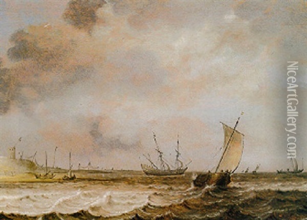 A Dutch Hoeker, A Frigate And Other Shipping In Choppy Seas Offshore Oil Painting - Julius Porcellis