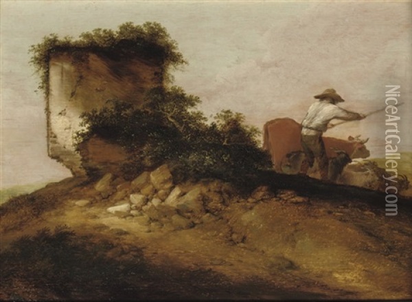 A Rocky Landscape With A Herdsman Tending His Cattle And Goats Oil Painting - Jacob Sibrandi Mancadan