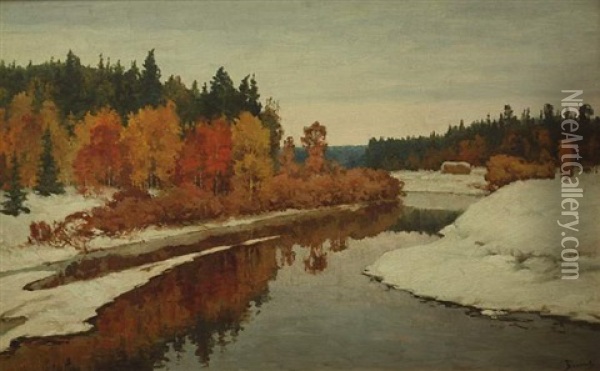 Der Erste Schnee In Weiter Fluslandschaft Oil Painting - Vasili Dimitrievich Polenov