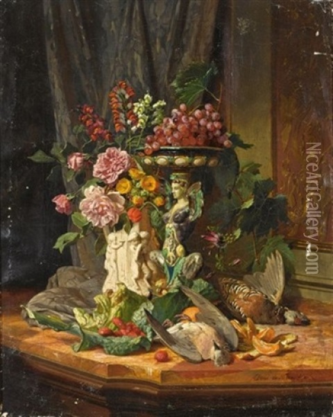A Still Life With Flowers, Fruit And Game Oil Painting - David Emile Joseph de Noter