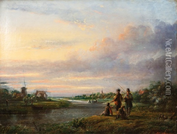 River Landscape With Paddle Steamer And Anglers Oil Painting - Lambertus Johannes Hansen