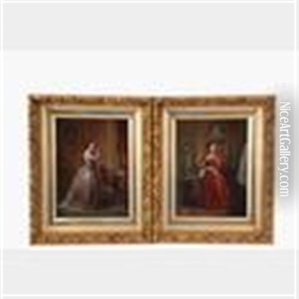 Two Paintings Of Young Beauties In Their Boudoirs Oil Painting - Florent Willems