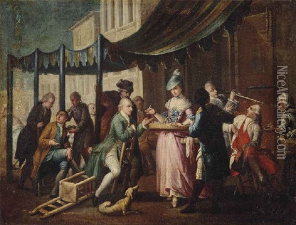 Elegantly-dressed Men Seated Below An Awning, With An Usherette And Other Figures Oil Painting - Pietro Fabris