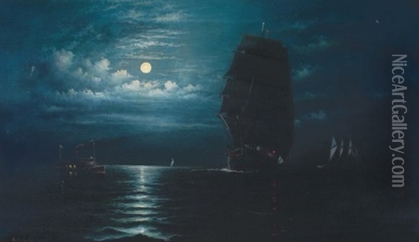 Moonlight View Of Ship Entering Portland Harbor Oil Painting - George M. Hathaway