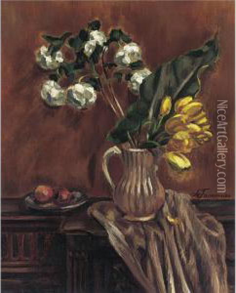 Still Life With Yellow Tulips Oil Painting - Henri Le Fauconnier