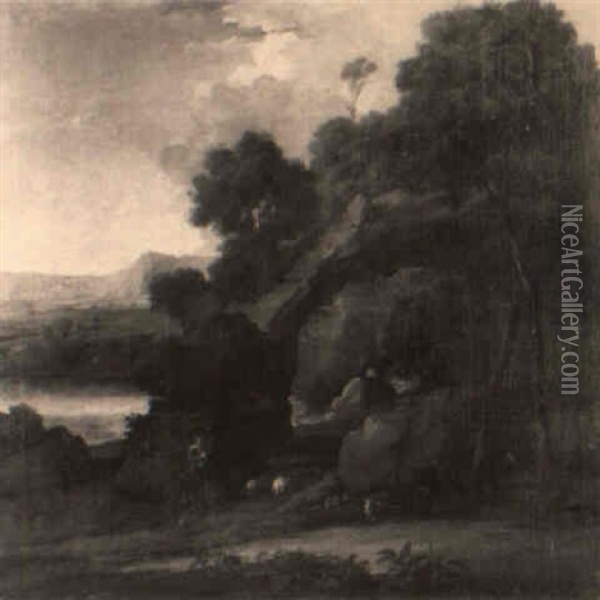 A Rocky Wooded Landscape With A Shepherd Piping By A Pool Oil Painting - Willem de Heusch
