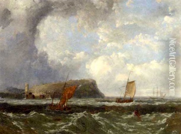 A Stiff Breeze Off The Harbour Mouth Oil Painting - Arthur Joseph Meadows