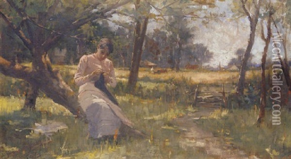 Young Girl Sewing Beneath A Tree Oil Painting - Anna Nordgren