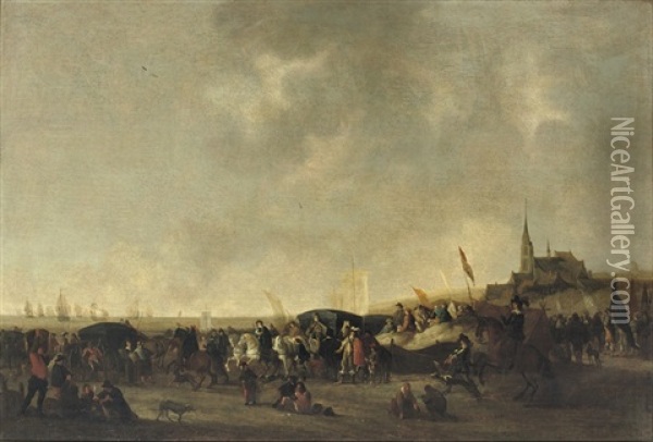 A Crowded Beach With An Elegant Horse-drawn Carriage, The Church Tower Of Scheveningen Beyond Oil Painting - Hendrick De Meijer