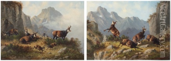 Gebirgslandschaft Mit Gamsen (+ Gamsjagd; Pair) Oil Painting - Moritz Mueller the Elder