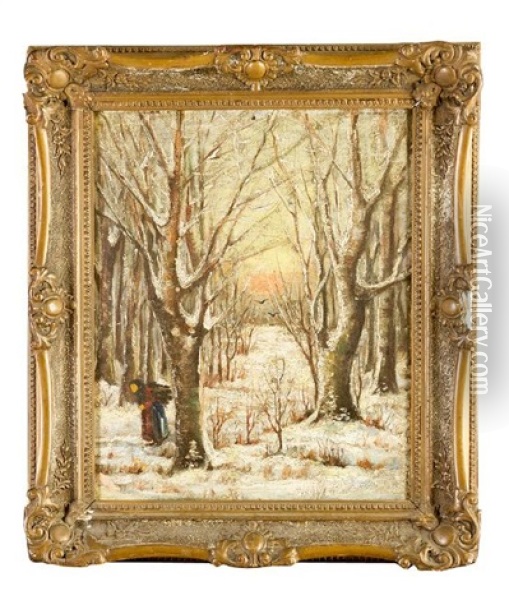 Woman Carrying Wood In Winter Landscape Oil Painting - Yuliy Yulevich (Julius) Klever