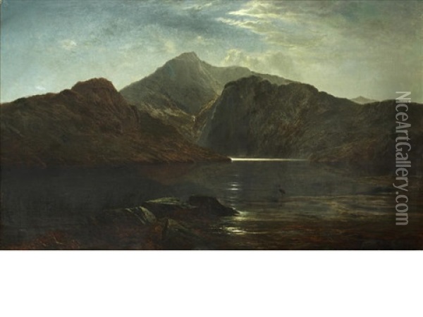 A Moonlit Mountain Lake Landscape With Heron Oil Painting - Albert Gilbert