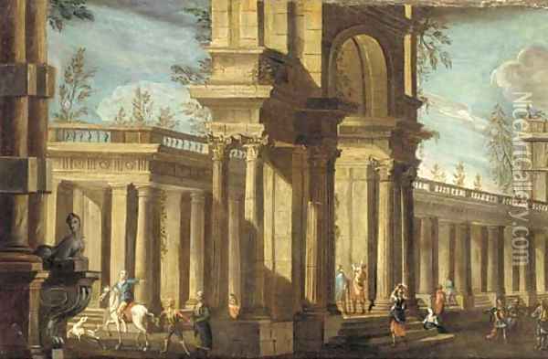 A capriccio of a classical palace with elegant figures Oil Painting - Giovanni Ghisolfi