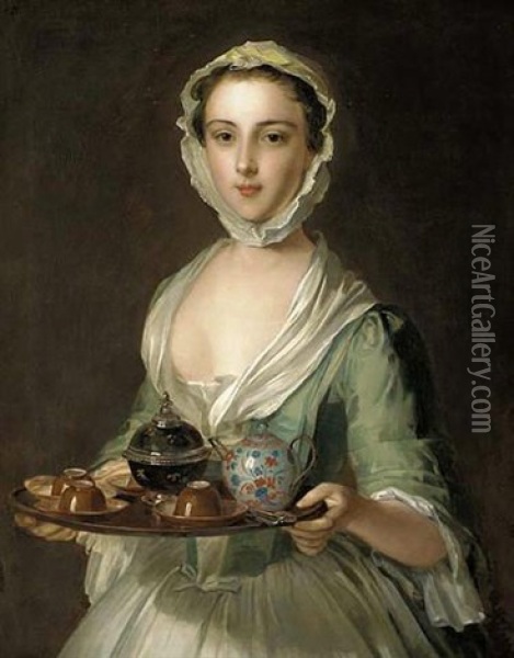 Portrait Of A Young Woman (hannah, The Artist's Maid?) Holding A Tea Tray Oil Painting - Philip Mercier