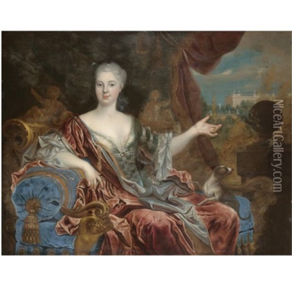 Portrait Of A Lady, Three-quarter Length, Wearing A Blue Silk Dress With Lace Trim And A Red Shawl, Seated On A Blue Chaise Longue Oil Painting - Nicolas de Largilliere