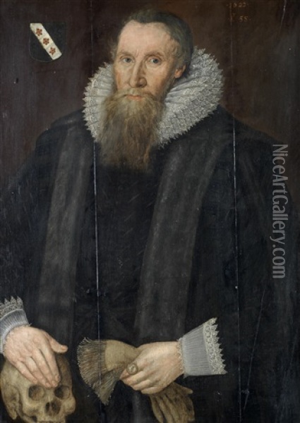 Portrait Of A Gentleman, Said To Be A Member Of The Dyntreg Family, Half-length, In A Fur-trimmed Black Coat, His Hand Resting On A Skull Oil Painting - Marcus Gerards the Younger